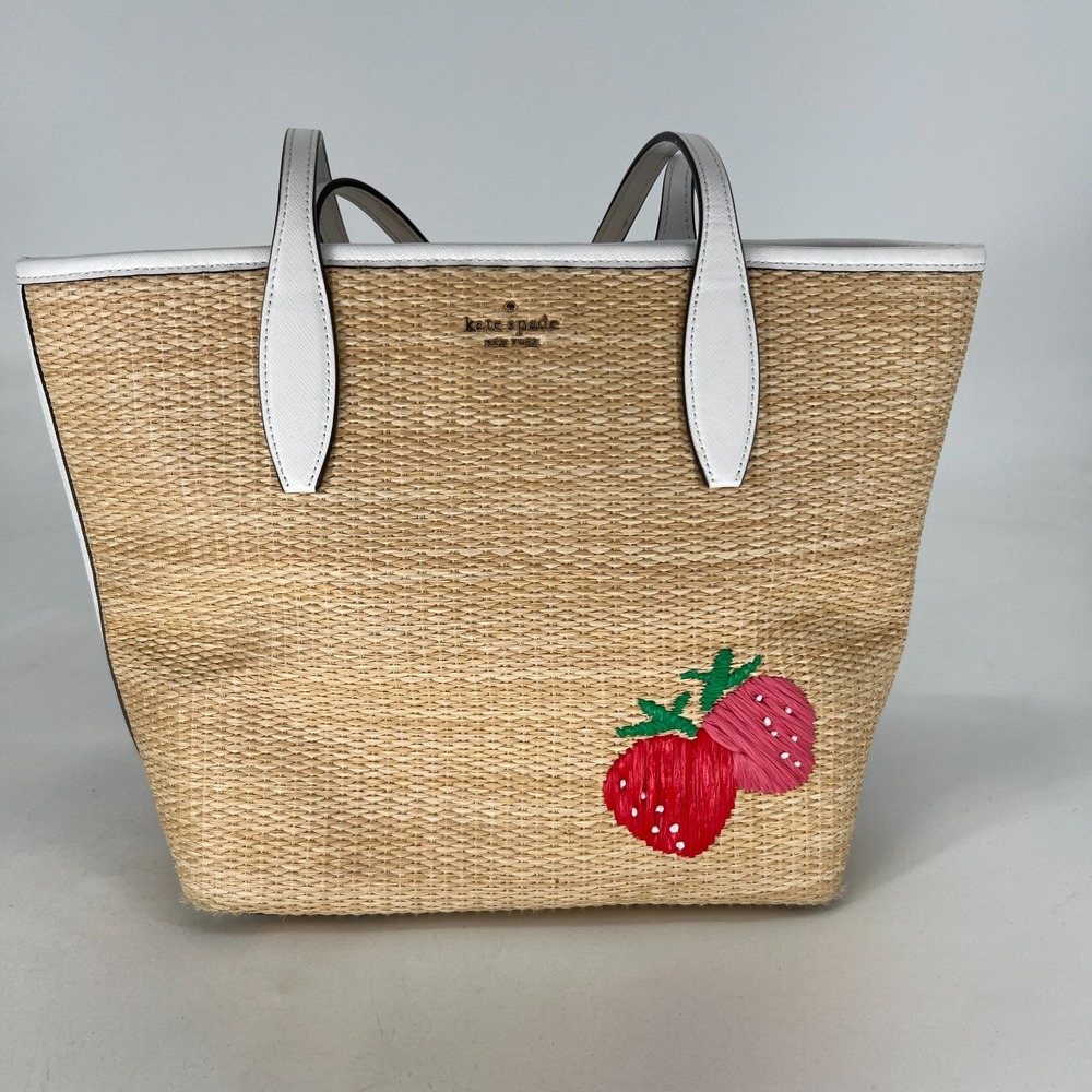Kate Space Picnic In The Park Tote Bag Strawberry Embroidered Brown White